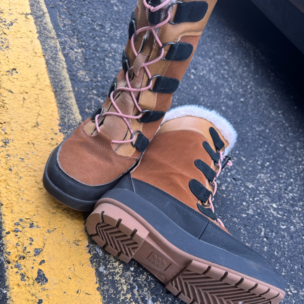 Sorel Tan and Black Winter Boots with Pink Accents